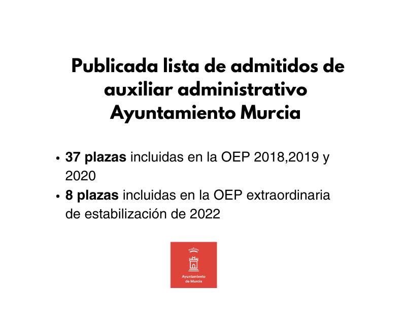 Publicada lista admitidos de auxiliar administrativo del ayuntamiento de Murcia correspondiente a la oferta de empleo de 2018, 2010 y 2020 y la oferta extraordinaria del 2022
