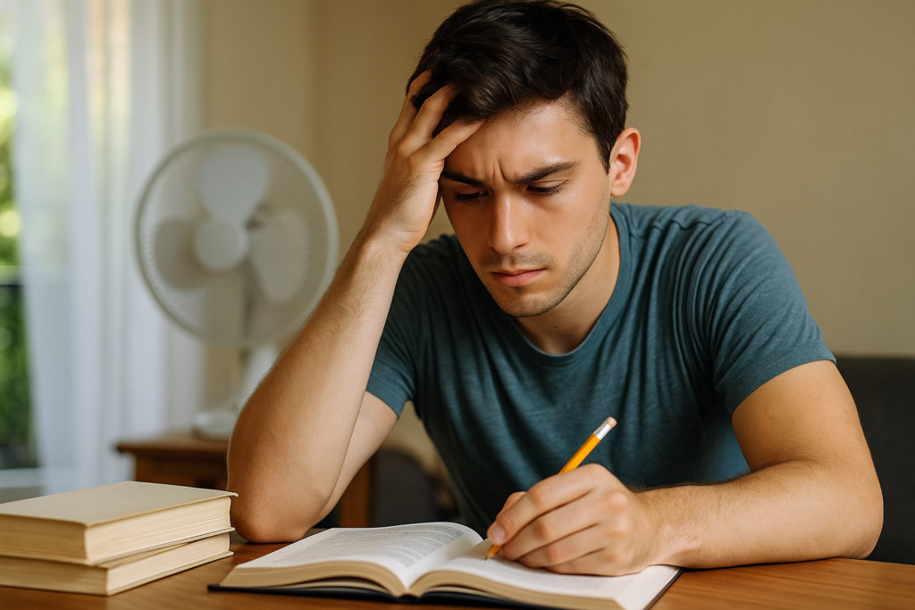 Joven opositor estudiando en verano con gesto de concentración, sentado en una mesa con libros y ventilador de fondo