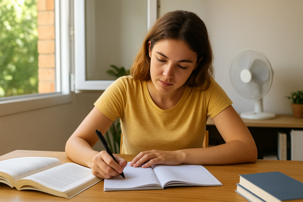 Opositora joven estudiando en verano en un espacio ventilado con luz natural, mientras toma notas con gesto concentrado